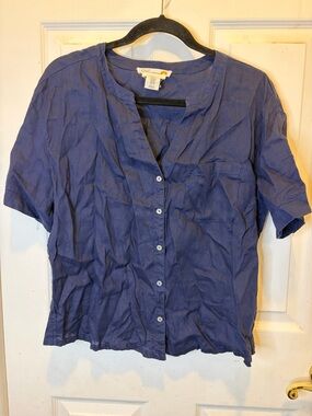 C&C California 100% Linen Blue Short-Sleeve Button Front Blouse